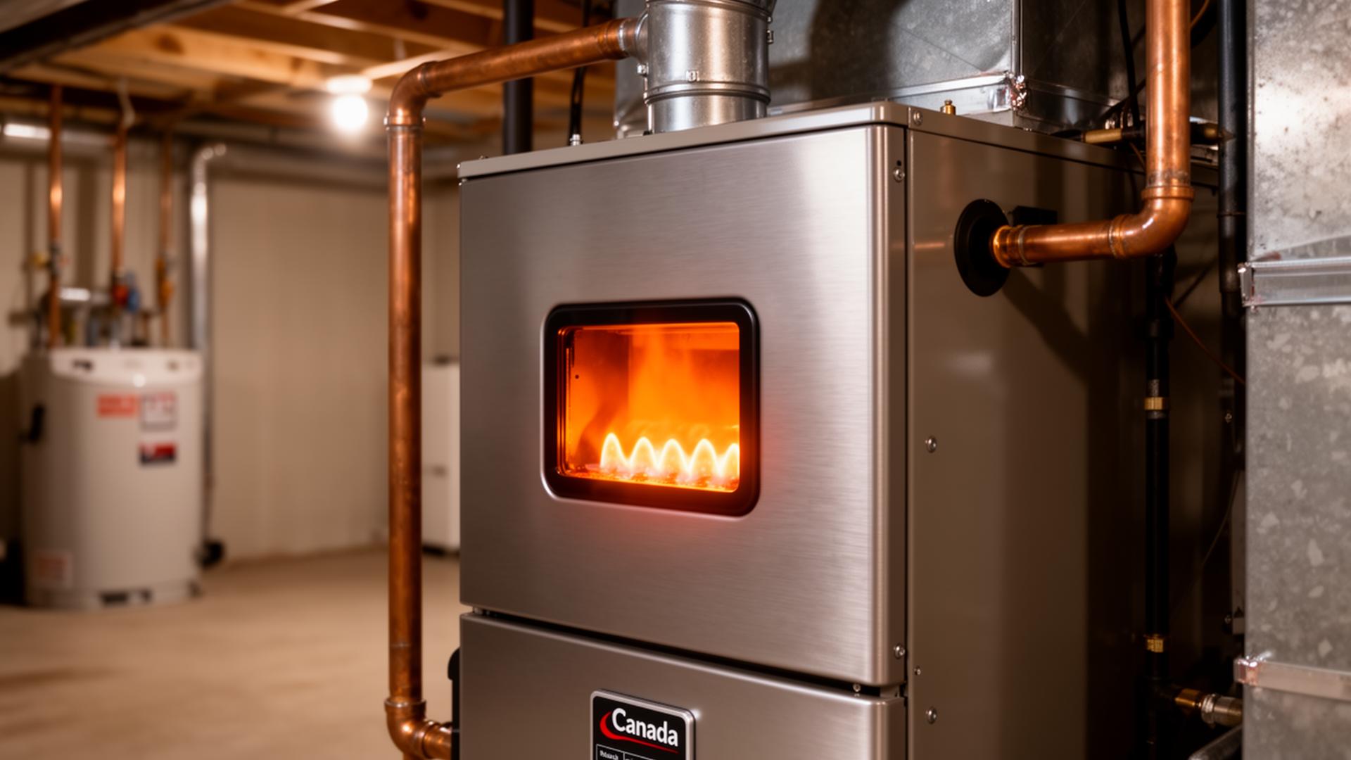 High-efficiency natural gas furnace with warm ember glow installed in a modern Canadian basement